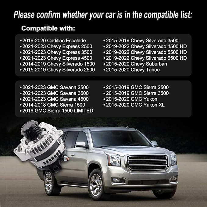 Alternator Compatible with Chevy 2021-2023 Express 2015-2019 Silverado 2015-2020 Suburban Tahoe, 21-23 Savana 15-19 Sierra 15-20 Yukon XL Replace for 84143543 23487089