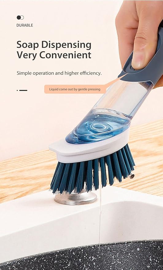 The Blue Soap Dispenser Dish Brush includes 2 refills: Stainless Steel TPR and Sponge Bristles, Long Handle and Dishwashing Cleaning Brush, Safe Non-Stick (Blue)