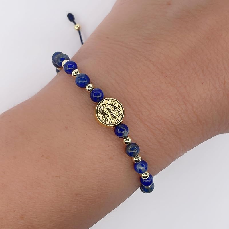 St Benedict Coin and Natural Round Red Coral Beads Adjustable Bracelet for Women (Blue Lapis Lazuli)