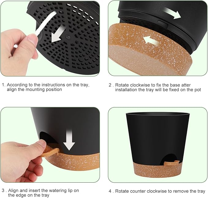 Indoor self-watering pots with drainage holes and saucers, 8, 7, 6.5, 6, 5.5, 5 inches, black color, 6 pots