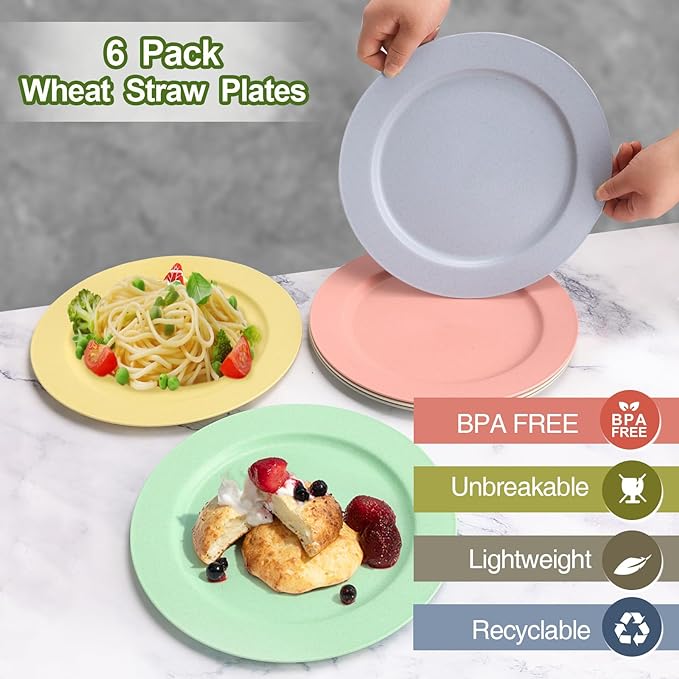 shopwithgreen 10 Inch Wheat Straw Dinner Plates, 6 Pack Unbreakable Sturdy Plastic Reusable Plates, Microwave and Dishwasher Safe Plates Set, Non-Toxic, BPA Free