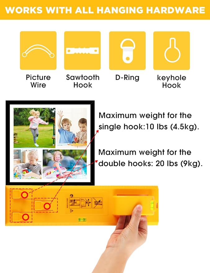 Picture Hanging Tool with Level, Goodsnova Photo Frame Hanging Tool for Easy Marking Position, Wall Hanger Helper Guide for Photo Art Painting Frame (Plastic, Yellow)