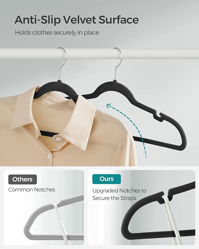 SONGMICS Velvet Hangers 10 Pack, Non-Slip Clothes Hangers, Suit Hangers with Shoulder Notches, Pants Bar, 360 Swivel Hook, Space-Saving, for Closet, Ink Black UCRF029B01