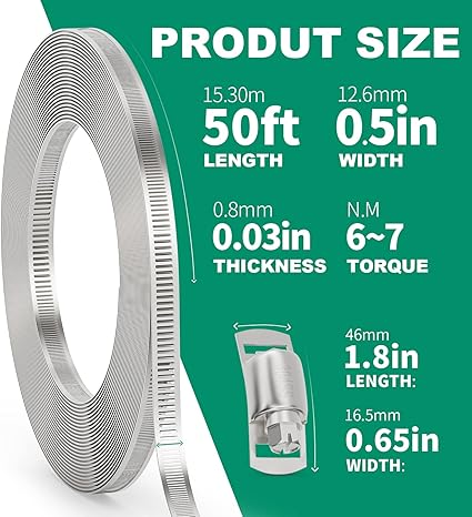 50FT Hose Clamps,304 Stainless Steel Hose Clamp Assortment Kit DIY Metal Strapping with Holes20 Fasteners,Adjustable Worm Gear Large Hose Clamps Metal Band Screw Clamp Straps for Pipe,Duct,Tube