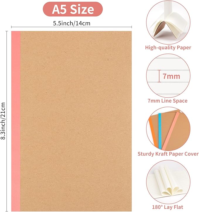 60 Pack Composition Notebook Journals Bulk, A5 Lined College Ruled Notebook, Kraft Cover with Rainbow Spines, 8.3x 5.5, 15 Colors 60 Pages for School Office Travel