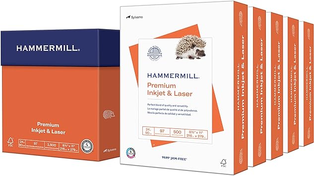 Hammermill Printer Paper, Premium Inkjet Laser Paper 24 Lb, 8.5 x 11 - 5 Ream (2,500 Sheets) - 97 Bright, Made in the USA, 166140C