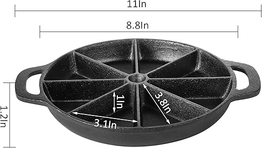 WUWEOT Cast Iron Wedge Pan, Non stick Round Corn Bread Skillet, Black 8-edges Biscuit Pan with Double Handles for Scones, Corn Stick Pan, Muffins, Cup Cakes and Brownies