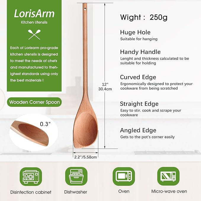 12" Wooden Corner spoon, Solid Wood Spatula Spoon, Handcraft Wood Spoonula Cooking Utensil, Kitchen Spatulas for Baking, stirring, Serving, Scraping.