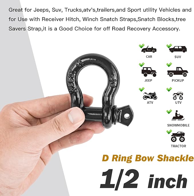 D Ring Shackles, 12" Clevis Shackle with 916" Screw Pin 26,400Ibs Break Strength, Rugged Off Winch Shackle Heavy Duty Shakcles (Black) Accessories for Jeep Pickup Trucks SUV Trailer ATV UTV