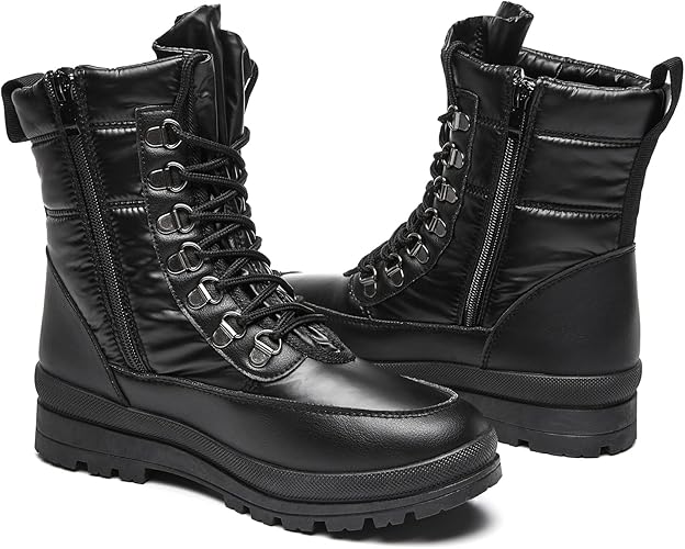 Moudki Womens Warm Fur Lined Snow Boots for Cold Weather, Non-slip Black Combat Boots with Zipper for Hiking, Lace up White Winter Booties for Women, Water Resistant Mid Calf Shoes