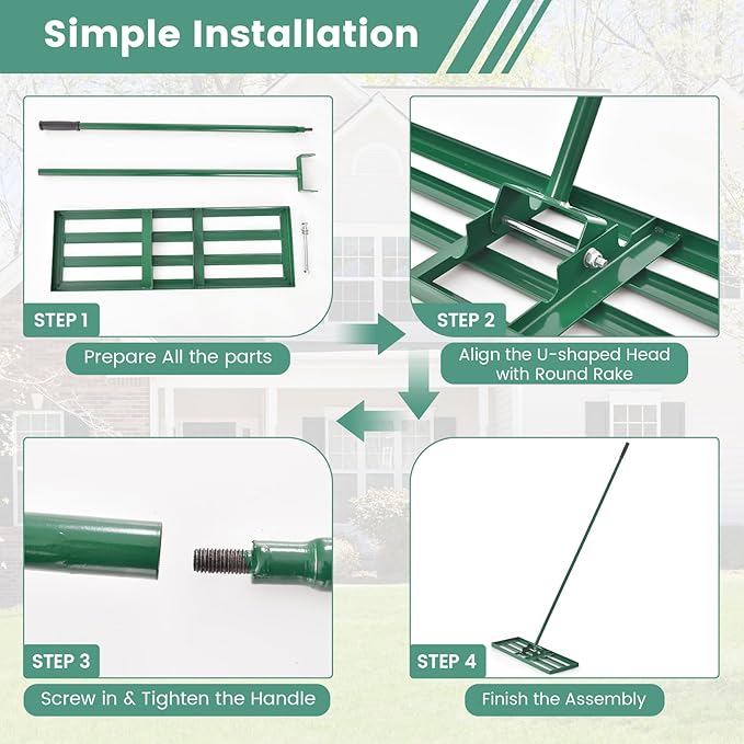 Lawn Leveling Rake, 30"/36"/42" x 10" Professional Grade Soil Distribution Rake w/67 Ergonomic Handle, Adjustable Soil Level Tool for Golf Courses, Gardens, Farms & Backyards (30", Green)