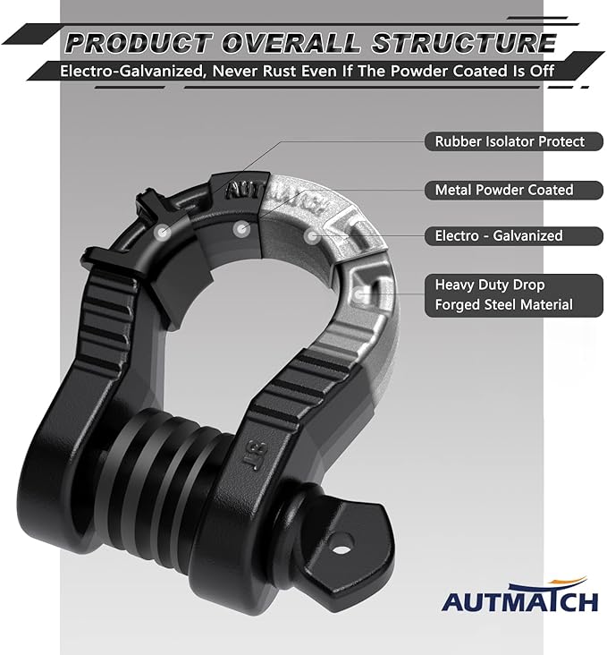 AUTMATCH D Ring Shackles 34" Mega Shackle (2 Pack) 68,000Ibs Break Strength - Clevis Shackle 78" Screw Pin, D Shackle IsolatorWasher Kit for Tow Strap Winch Off Road Vehicle Recovery, Frosted Black