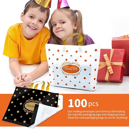 Thank You Bags for Small Business, 100 Pack Plastic Shopping Boutique Bags Retail Merchandise Bags Bulk with Handles 12"x15", Reusable Product Bags 3.1Mil for Customers, Party Favor (Black & White)