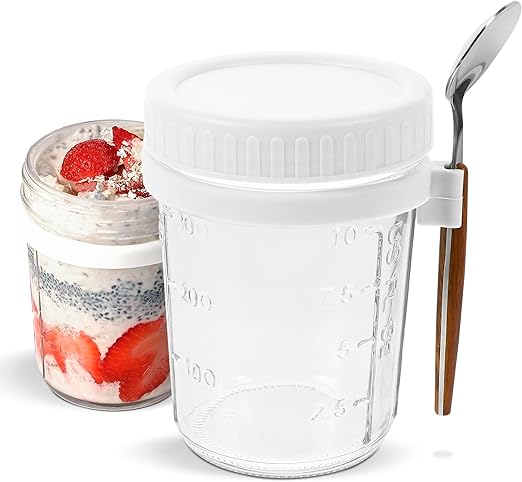 PABLEX - Overnight Oats Cups with Lid - Spoon, 16oz Glass, Reusable Anti Spill, Free Toxic - Overnight Oats Containers with Lids, Oatmeal Containers with Lids, Oats Overnight Container (White)