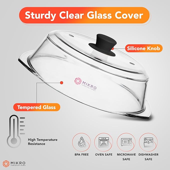 Tall Glass Microwave splatter cover | Sturdy clear 100% food safe BPA free glass lid with easy grip silicone handle | Heavy-duty glass for longer life, Dishwasher safe for easy cleaning - 10.5in