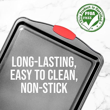 NutriChef Large Nonstick Cookie Sheet for Baking - 17" x 11" Carbon Steel Kitchen Oven Baking Pan, Premium Restaurant Grade Bakeware wRed Silicone Handles - Easy to Clean, Black
