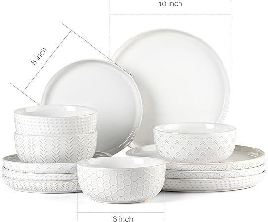Lareina Plates and Bowls Sets, Dinnerware Sets 12 Piece Service for 4, Ceramic Dining Dinner Ware Service for 4, White