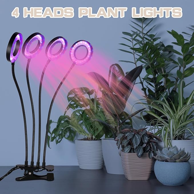 2 Pack Clip-on LED Grow Light Indoor 4 Heads With 3.5'' Ring Lamp, 192 LEDs, Adjustable Growing Lamp, 3912h Timer, 10 Dimmable Levels for Various Plants