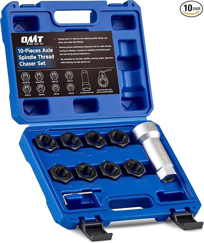 Orion Motor Tech 10pc Axle Spindle Threading Set, Axle Thread Repair Kit with 8 Dies 1-116" Extension Bar, Axle Nut Rethreader with M20 M22 M24 1316" 34" UNEF Nuts, Rethreading Tool Kit with Case