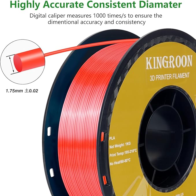 Kingroon Silk PLA 3D Printer Filament, Dimensional Accuracy - 0.03 mm, 1 kg Spool(2.2lbs), PLA Shiny Filament 1.75 mm (Red)