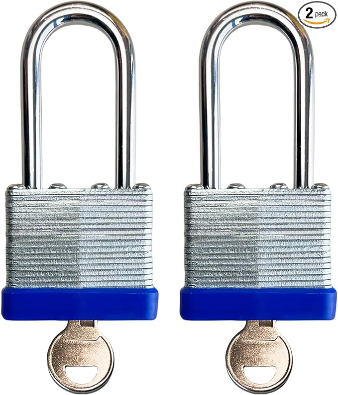 Lock Outdoor Padlocks, Laminated keyed Padlock, 1-9/16 in Wide Body, Padlock Set with Keys, Long Shackle (2Pack)