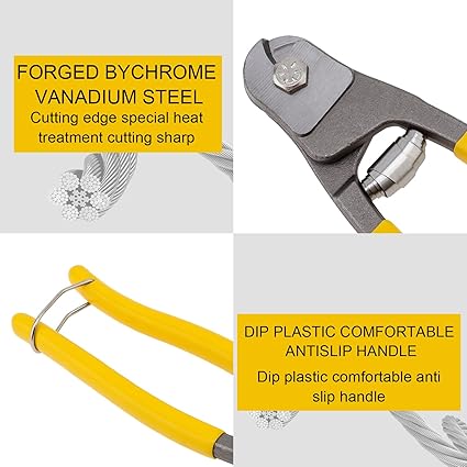 Cable Wire Cutters, Forged From Heavy Duty Stainless Steel Metal 8 Inch Opening Up to 0.39" Small Wire Rope Cutter Tool for Stainless Steel Wire Rope, Bike Brake Cable, Railing Cable