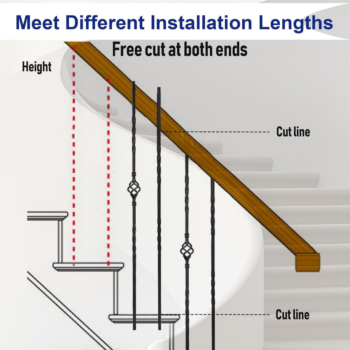 16 Pack Wrought Iron Stair Balusters – 44" Hollow Single Basket & Double Twist Design, 1/2" Square Black Metal Spindles with 32 Swivel Shoes for Indoor/Outdoor Staircase Remodel