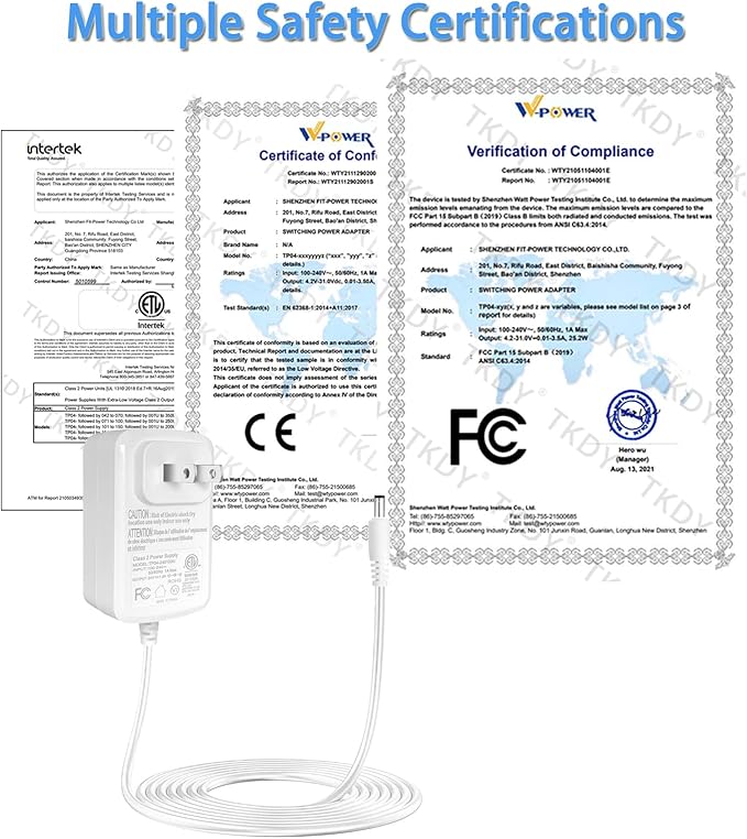 TKDY 24V 1A Power Supply Cord White, 110-240V AC to 24Vdc 24W Class 2 Adapter, DC24V Switching Charger for 24 Volt 1.0A 1000mA 0.75A 750mA 0.5A 500mA Diffuser Humidifier LED Light.