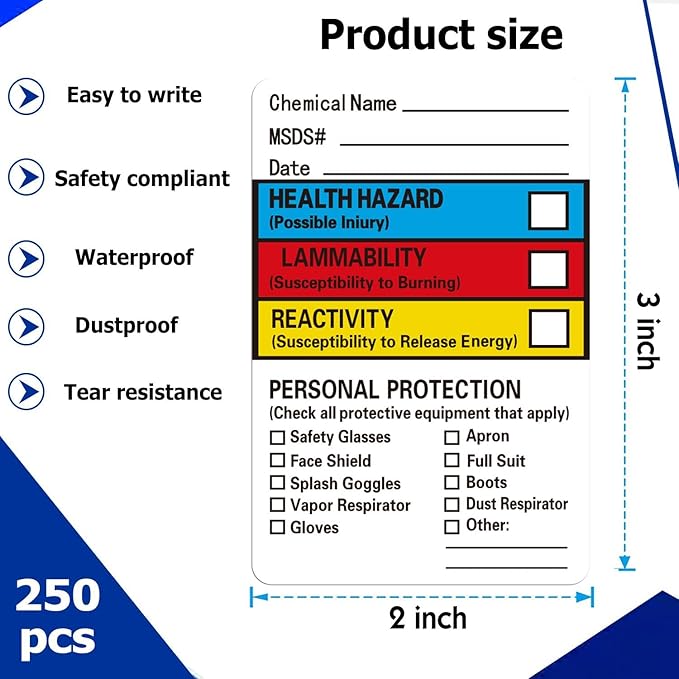 SDS Stickers/MSDS Stickers for Chemical Safty Data 2 X 3 Inches - Chemical Identifying and Labeling Sticker Decals - 250 HIMG Write-in Labels