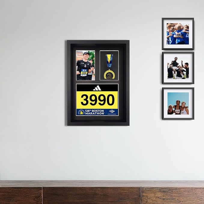 3-in-1 Shadow Box Display with Real Glass (Medal, Race Bibs, and Photo Display) – Marathon Medal Display and Frame, Triathlon & Running Bib Holder, Wall-Mounted, Real Tempered Glass - Black