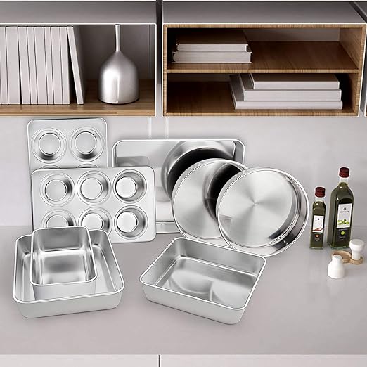 TeamFar Stainless Steel Bakeware Set of 8, Baking Roasting Toaster Oven Pans, Lasagna/Square/Round Cake Pan, Loaf Pan & Muffin Pan, Non-Toxic & Sturdy, Smooth & Dishwasher Safe