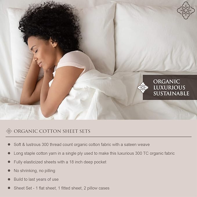 BIOWEAVES 100% organic cotton sheet set of 300 thread counts, 4 pieces, with GOTS certification, for mattresses up to 17 inches deep, soft and silky satin fabric (King size,
