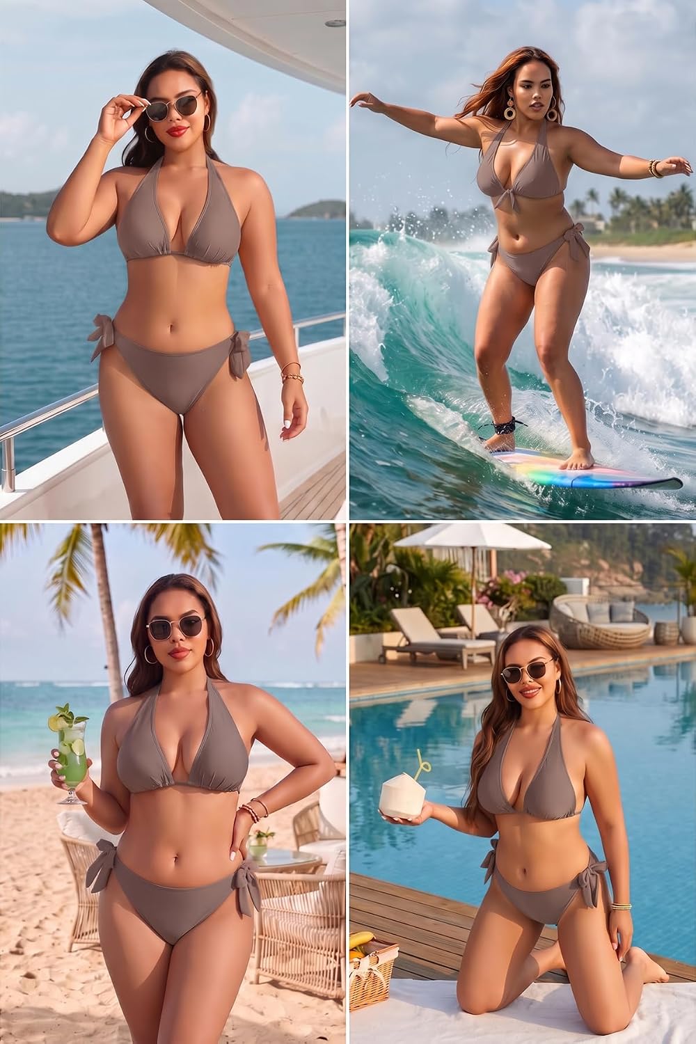 Tempt Me Women Plus Size Triangle Bikini Halter Two Piece Swimsuit Sexy Tie Side Bathing Suits