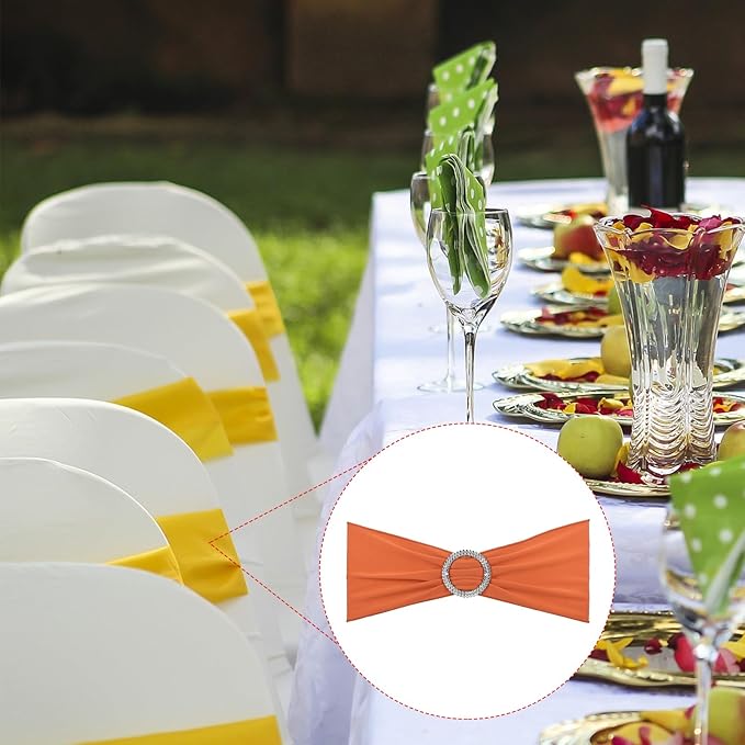 PATIKIL 13" x 5" Stretch Chair Sashes Bows, 25 Pack Elastic Chair Bands Sashes with Buckle Slider for Wedding Banquet Decorations, Orange Red