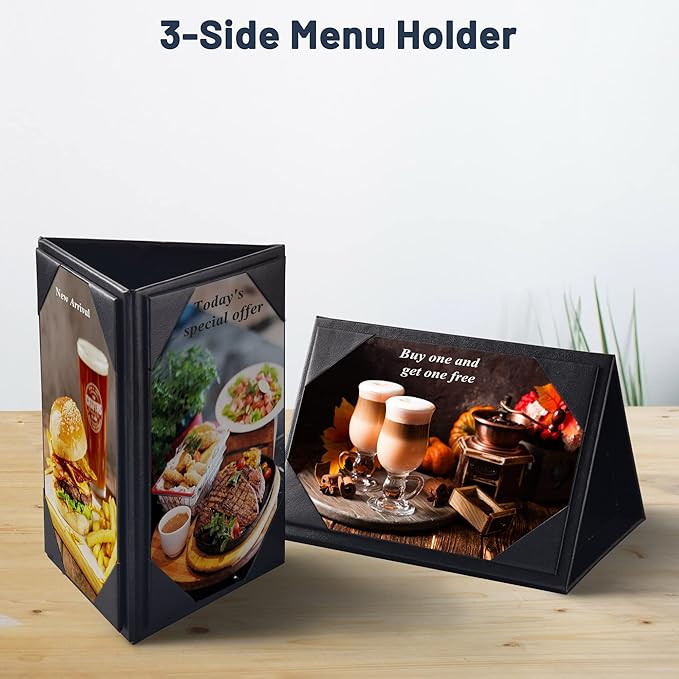 WeChef 10 Pack 4"x6" Table Tent Leatherette Menu Holders 3-Side Menu Triangle Holder Sign Display Cover Bar Restaurant Cafe Leather Black