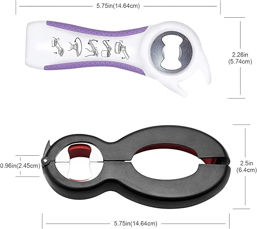 Bottle Opener Set,2Pcs Inclinding 5-in-1 and 6-in-1, Can, Soda, and Jar Openers, Twist Off Lid Jar Opener for Seniors and Arthritic Hands (White Purple)