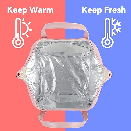 Insulated Lunch Bag for Women, Portable Leakproof Cooler Bag PU Leather Lunchbox Lunch Tote Bags for Work or Picnic (Pink)