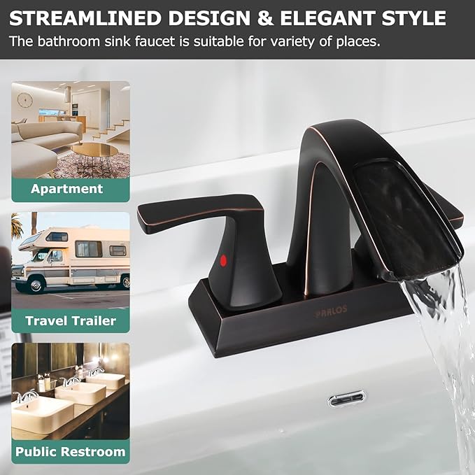 PARLOS Waterfall Spout 2 Handles Bathroom Faucet with Metal Pop-up Drain and Faucet Supply Lines, Oil Rubbed Bronze, Doris 14069