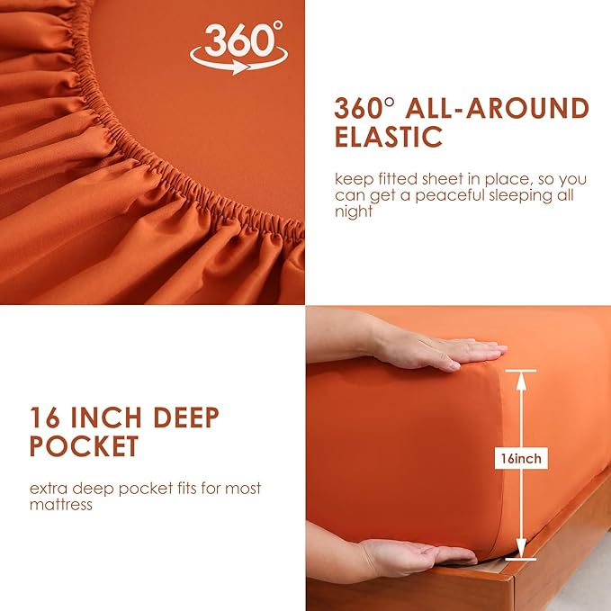 JSD Burnt Orange Queen Sheet Set with Side Pocket Corner Straps, 4 Piece Soft Microfiber Bed Sheets Extra Deep Pocket