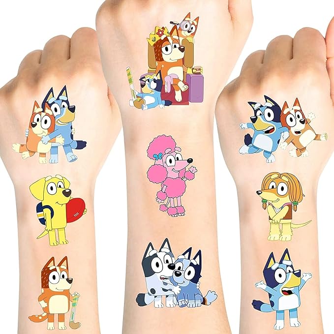 Temporary Tattoo Set for Kids Bluey,4 Sheets Kids Tattoos Stickers for Kids Birthday Gift Bags for Kids, Thoughts for Girls and Boys