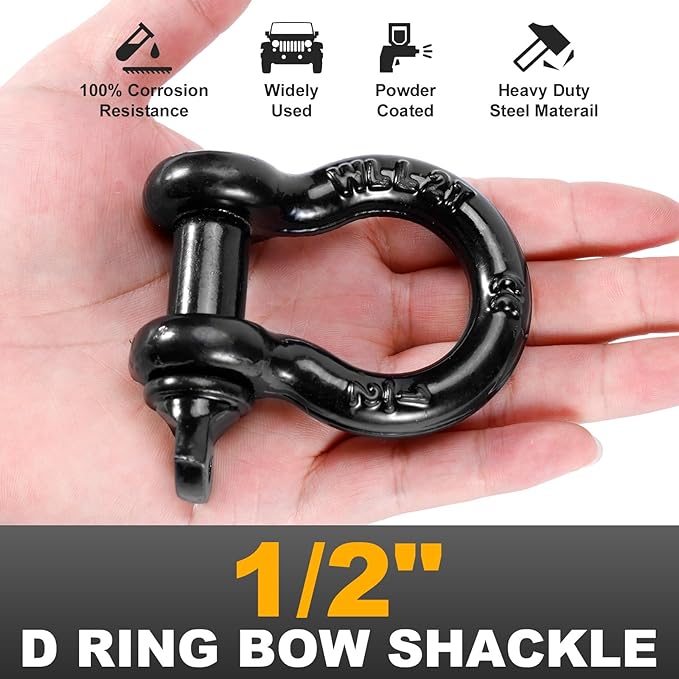 12" D Ring Shackles with 78" Screw Pin, 26,400 lbs Break Strength, Heavy Duty Clevis Shackles (Black) for Jeep, Truck, SUV, Trailer, ATV, UTV(2pcs)