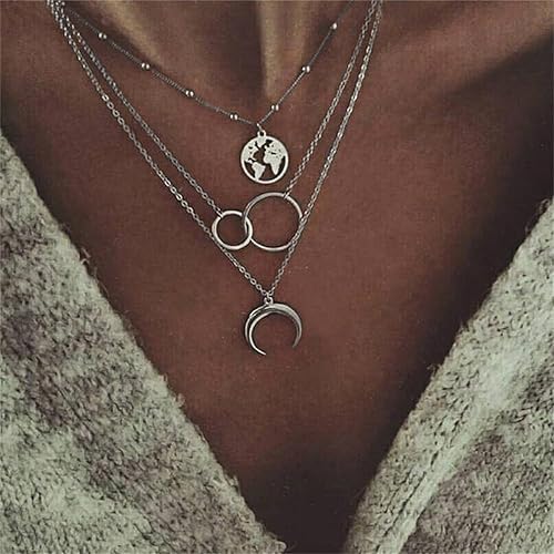 Bohemia Dainty Layered Necklace Trendy Moon Necklaces Map Pendant Jewelry Delicate Choker Chain Multi layer Crescent Disc Necklaces for Women