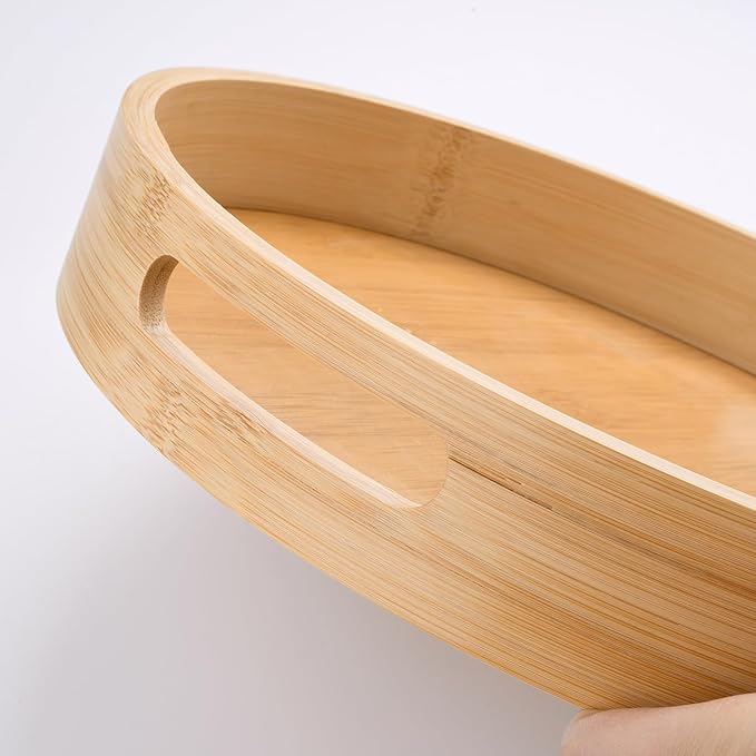 12 inch Round Serving Wooden Tray with Handles, Bamboo Decorative Ottoman Tray Serving for Serving Beverages Food on Bar Living Room Home Dining Table.