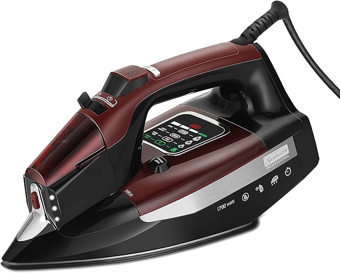 Sunbeam Professional Steam Iron, 1700 Watt, Large Nonstick Ceramic Soleplate, Horizontal or Vertical Shot of Steam, Self Cleaning, Large LED Screen and Bright LED Lights, 8' Swivel Cord, BlackRed
