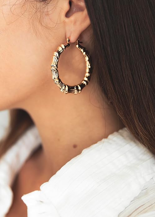 Barzel 18k Gold Plated Bamboo Hoop Earrings for Women, 40MM X 40MM - Made In Brazil