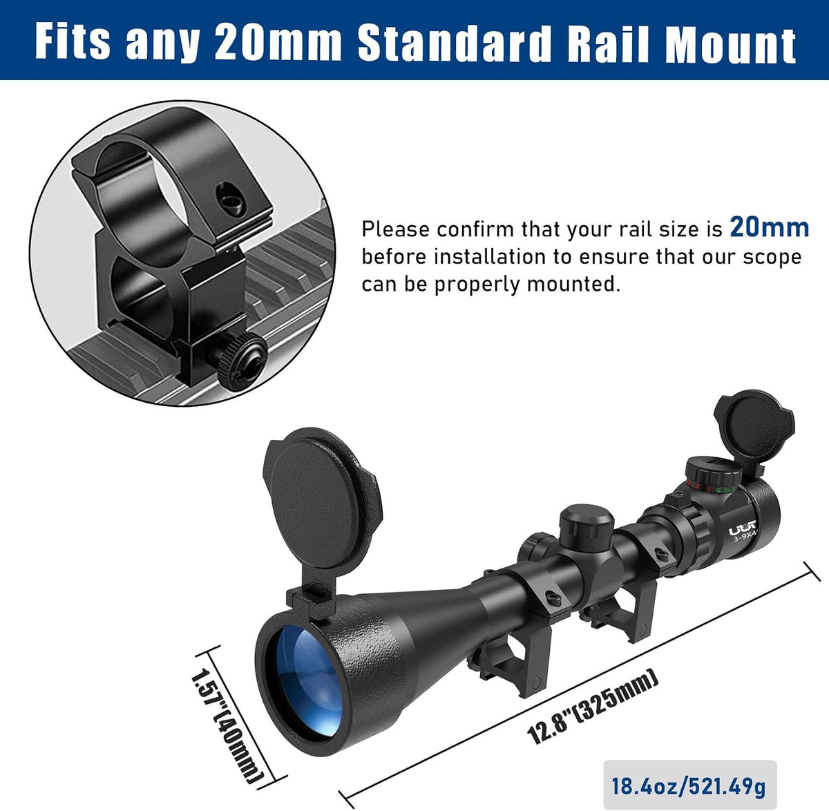 UUQ 3-9x40 Rifle Scope with Red/Green Illuminated Rangefinder Reticle, 20mm Picatinny/Weaver Rings Included, 1/4 MOA Adjustment, Fast Focus Eyepiece, Waterproof Fogproof