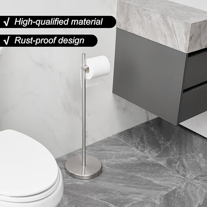 BWE Brushed Nickel Toilet Paper Holder Freestanding Toilet Paper Holder for Bathroom Toilet Paper Storage Holder Stand with Non-Slip Stable Base Modern Stainless Steel Toilet Tissue
