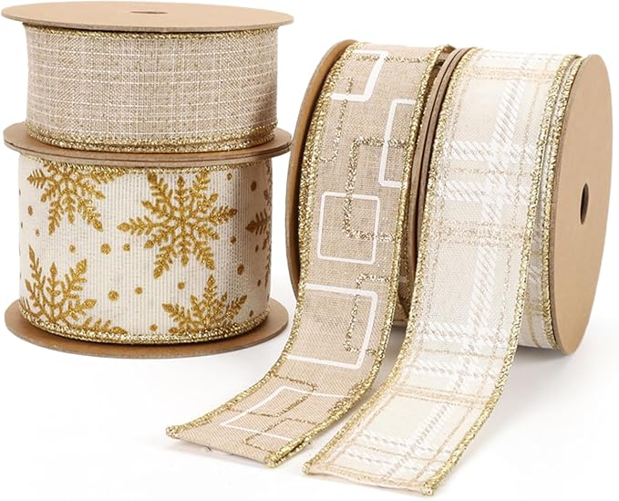 LaRibbons Gold Christmas Wired Ribbon, 2.5 Inch x 10 Yards Gold Snowflake Burlap Ribbon for Tree Decoration,Wreath,Bows,Gift Wrapping