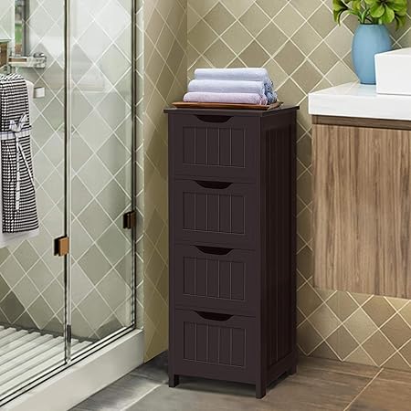 Yaheetech Bathroom Floor Cabinet, Wooden Side Storage Organizer, 4 Drawers Free-Standing Cabinet for BathroomHallwayLiving Room, Espresso