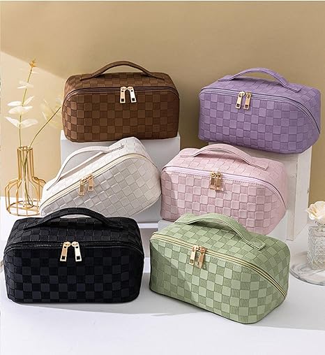 Makeup Bag, Wash Bag, Checkerboard Pattern Makeup Bag, Large Capacity Waterproof Storage Bag, Portable Cosmetic Bag, Women's Makeup Bag Black
